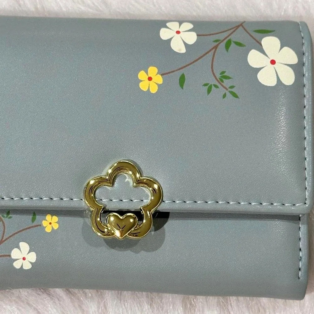 Small Trifold Wallet Dusty Blue Floral Gold Flower Clasp Zip Pocket